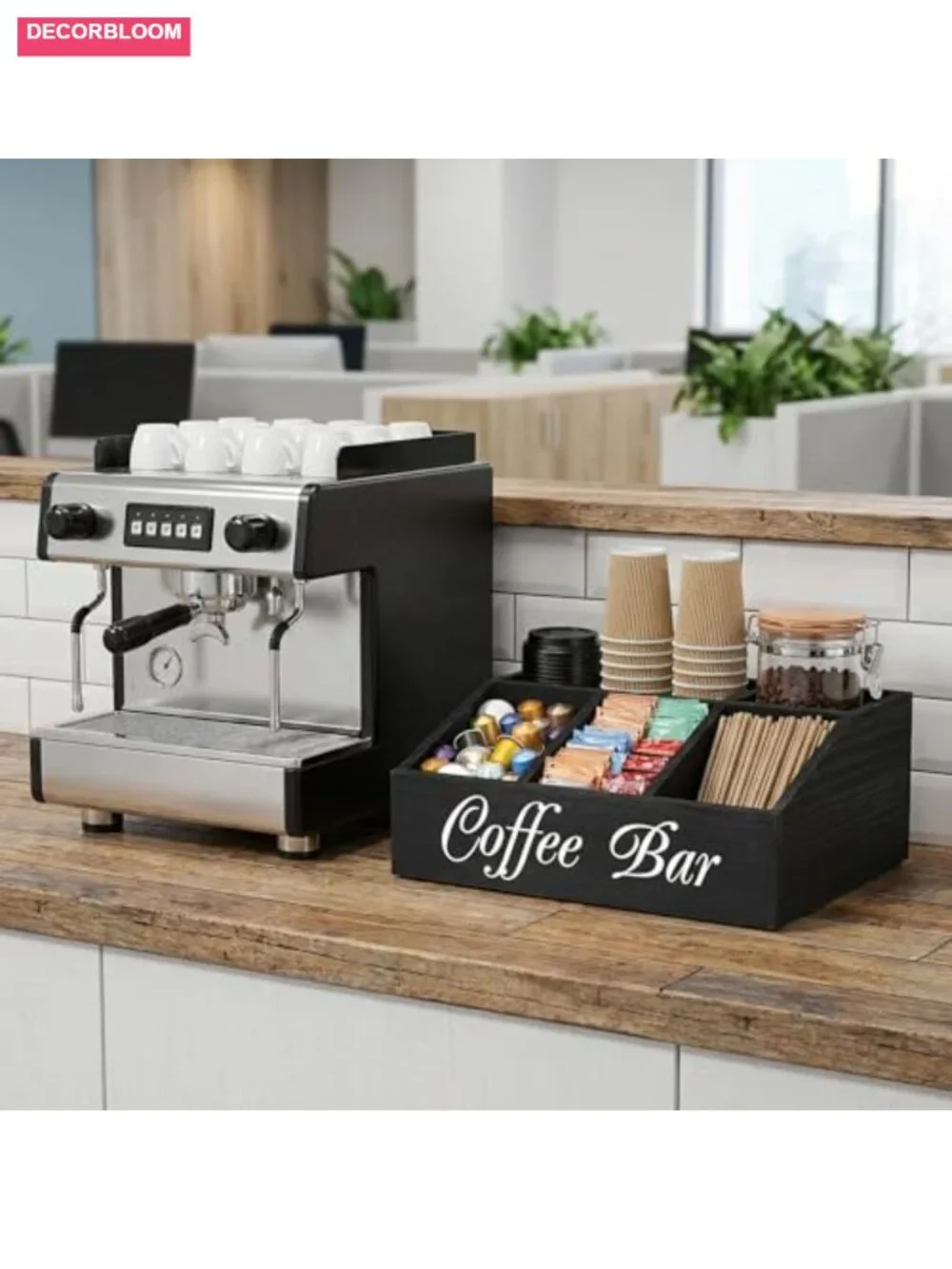 Double Layer Coffee Station Organizer with Drawers, Natural Solid Wood